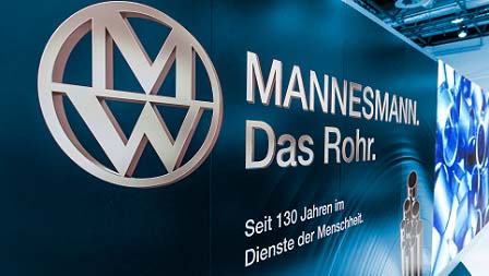 Photo of a printed wall with Mannesmann motif at a trade fair stand