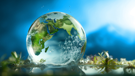Image of water drop with green world map